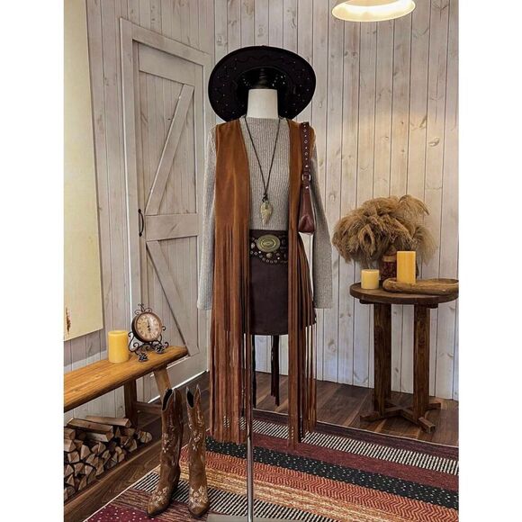 SHEIN Jackets & Blazers - SHEIN LUNE Autumn/Winter Sleeveless Long camel tan Fringe Boho Style Casual Jack